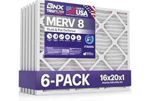BNX TruFilter 16x20x1 Air Filter MERV 8 (6-Pack) - MADE IN USA – Dust & Pet Defense Electrostatic Pleated Air Conditioner HVAC AC Furnace Filters for Dust, Pet, Mold, Pollen MPR 600 – 700 & FPR 5