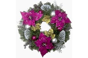 Fraser Hill Farm 24" Christmas Wreath with Faux Poinsettia Blooms, Ornaments, and Pinecones