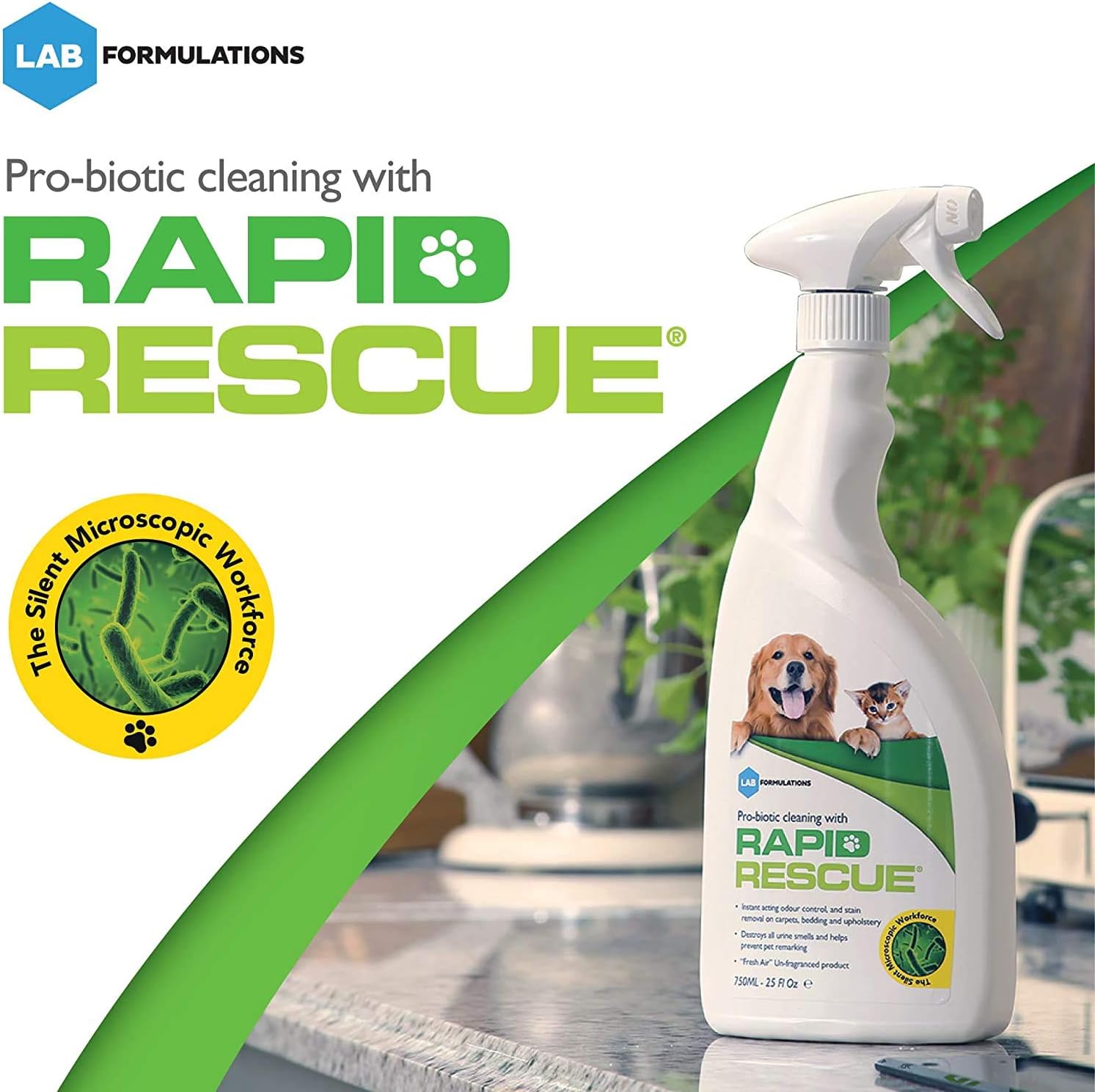 Rapid Rescue | Pet Odor Eliminator Urine Smell Remover | Natural Microbe Enzymatic Green Solution Fast-Acting on Cat & Dog Stains on Carpets, Wood Floors, Cars, Rugs (1pk): Health & Personal Care