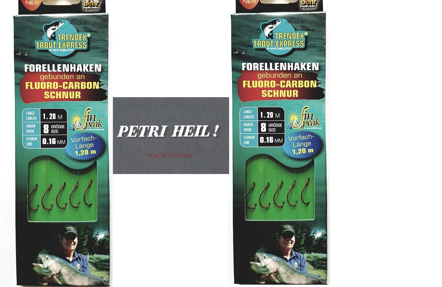 .Behr FISHING_LINE Gear, 2 packs of tied trout hooks (10 pieces) to fluoro-carbon cord, hook size 8, red, Length: 1.20 m, Thickness: 0.16 mm