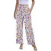 NILOUFO Women Summer Casual Wide Leg Pants High Waisted Elastic Tie Knot Boho Beach Trousers with Pockets(Little Daisy, Large)