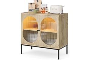 IKIFLY LED Sideboard Buffet Cabinet, Kitchen Storage Cabinet with Fluted Glass Doors, Height-Adjustable Shelf, Freestanding Cupboard Console Table, for Dining Living Room Hallway Office - Natural