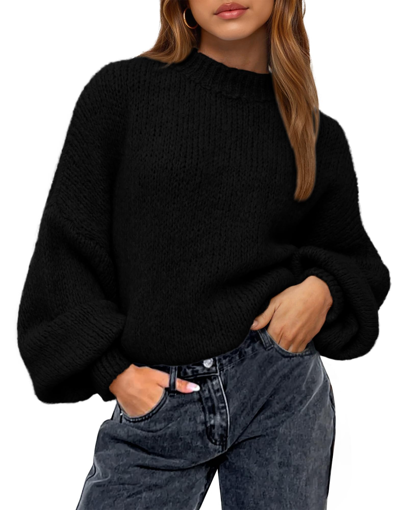 Photo 1 of BTFBM Sweaters for Women Fall 2026 Crew Neck Lantern Long Sleeve Oversized Sweater Casual Knit Winter Pullover Tops(Black, X-Large)