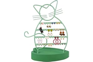 ERYTLLY Earring Holder Organizer, Cat Shaped Earring Organizer Stand With Wood Base Necklace Holder Organizer-47 Stud Earrings Holes Bracelet Holder (Mint Green)