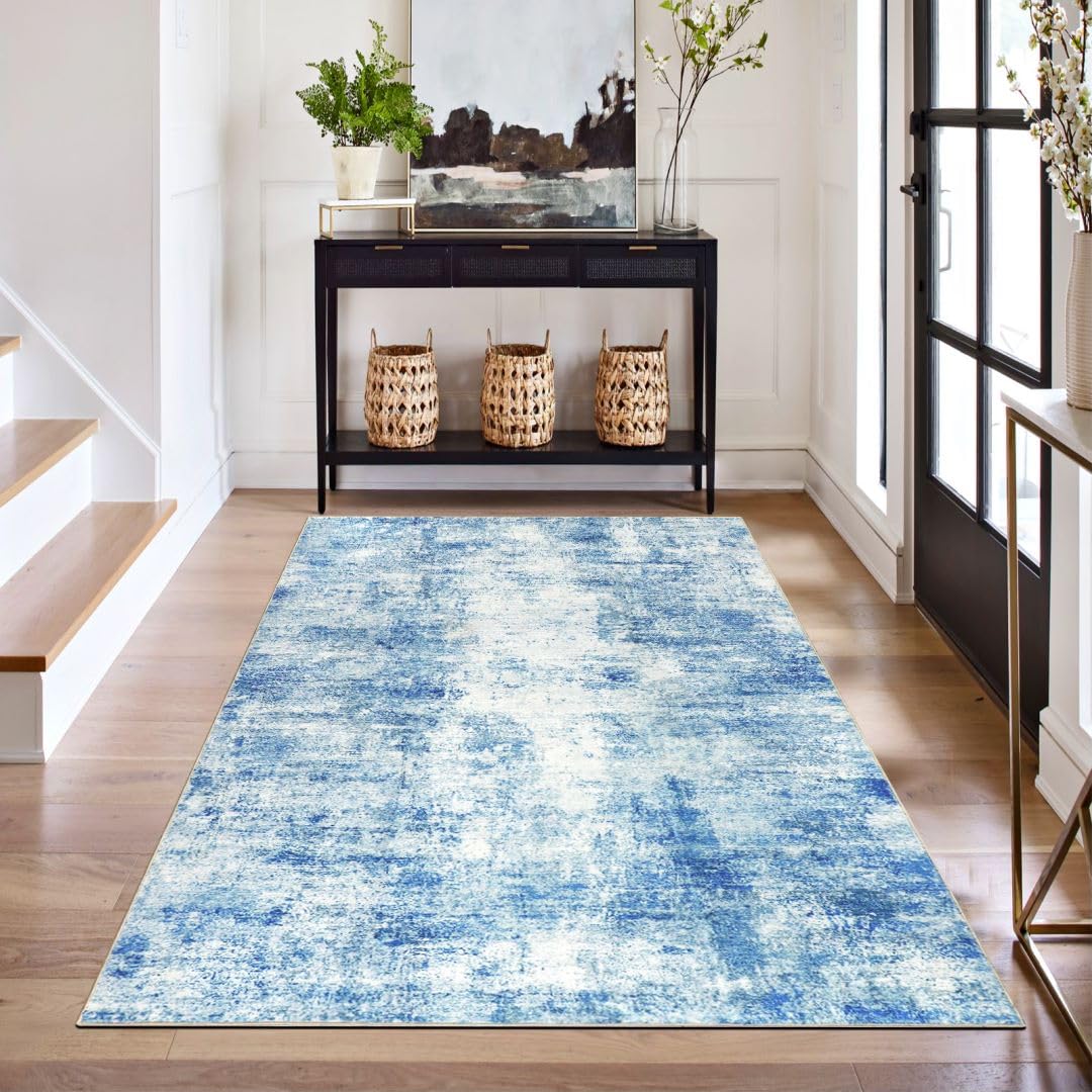 Photo 1 of Capslpad Machine Washable Rug, Modern Abstract 3x5 Blue Rug, Low Pile Soft Non-Shedding Area Rug for Entryway, Bedside, Living Room, Hardwood Floor
