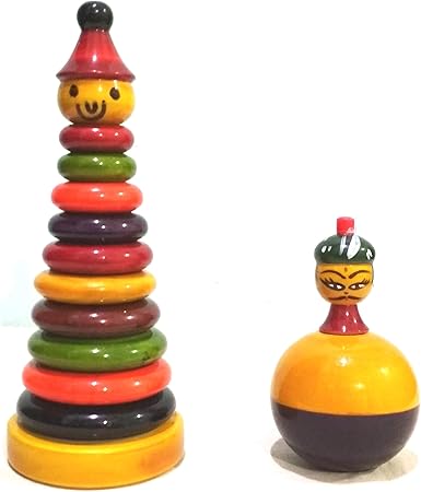 Crafts India Handcrafted Wooden Balancing Doll and Stacking Ring Combo Toy- 20 cms