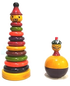 Crafts India Handcrafted Wooden Balancing Doll and Stacking Ring Combo Toy- 20 cms