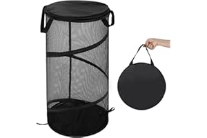 BATTOO Large Collapsible Laundry Basket with Lid Foldable Mesh Pop Up Hamper with Handles for Laundry Room, Bathroom, Kids Room, College Dorm, Travel, Storage Organizer Black