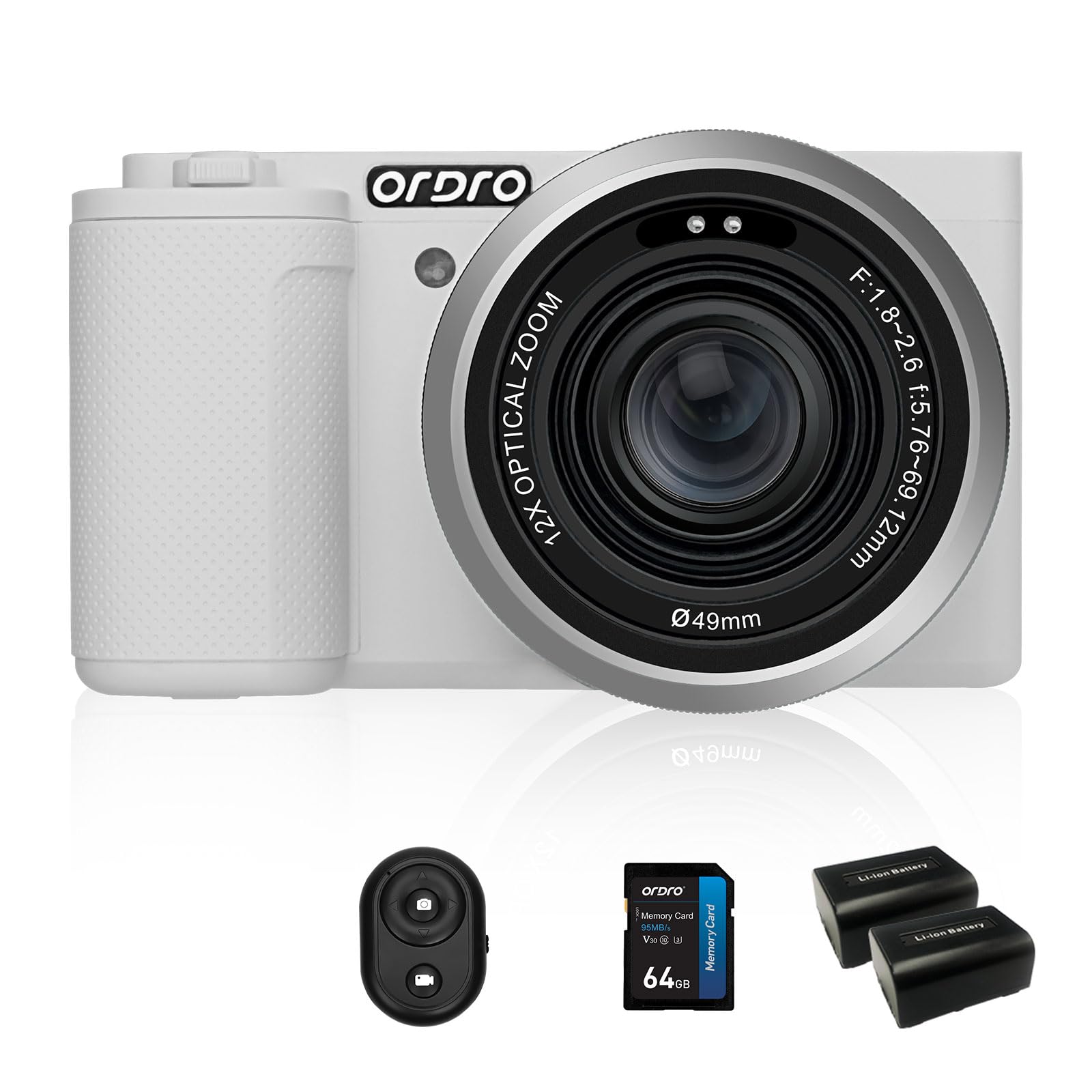 5K Digital Camera Mirrorless Camera for Photography, 64MP 12X Optical Zoom Compact Digital Cameras with Auto Focus, 270° Flip Screen, 64GB Card (White)