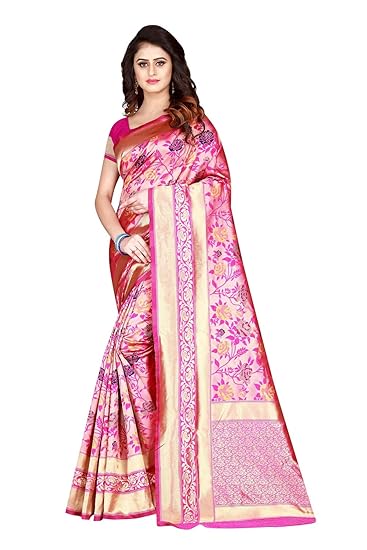Womens Banarasi Jacquard Silk Saree With Blouse Piece (Pink)
