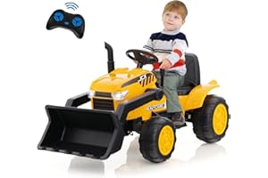 OLAKIDS Kids Ride on Car, 12V Electric Excavator Vehicle Construction Truck with Remote Control, Adjustable Bucket, Toddlers Battery Powered Bulldozer Tractor with 2 Speeds, Music (Excavator, Citrine)