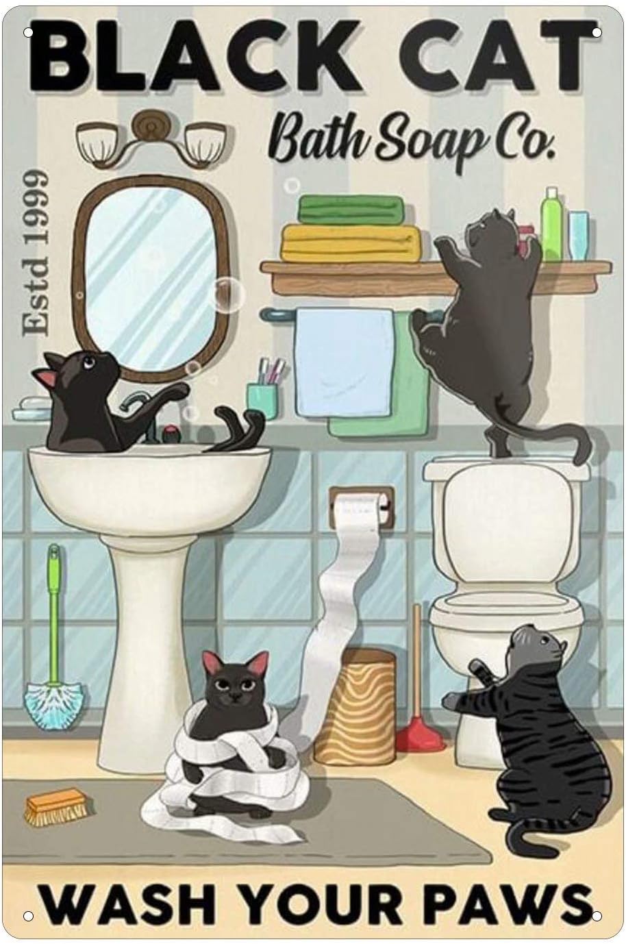 Black Cat Metal Tin Sign,It's Wash Your Paws Wall Sign Funny Metal Tin Sign Home Vintage Art Decor Iron Painting 8X12 Inch