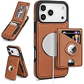Scutumate Compatible with MagSafe iPhone 17 Pro Max Case Wallet with AirTag Holder,Men Women Magnetic Detachable 2 in 1 PU Leather RFID Blocking Credit Card Holder Flip Folio Cover Kickstand,Brown