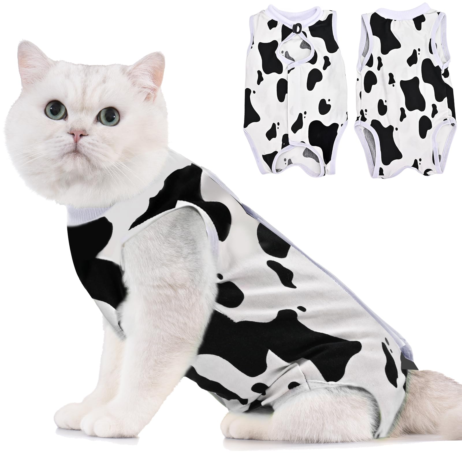 Avont Cat Recovery Suit Post Surgery, Elizabethan Collar & Cone Alternative, Kitten Onesie Pet Surgical Spay Shirt for Abdominal Wounds or Skin Diseases -Cow Print (L)