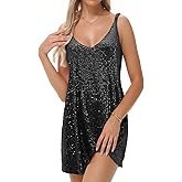 CITCAR Women's Summer Sleeveless Mini Dress Deep V-Neck Glitter Sequin Dress Sexy Short Dress