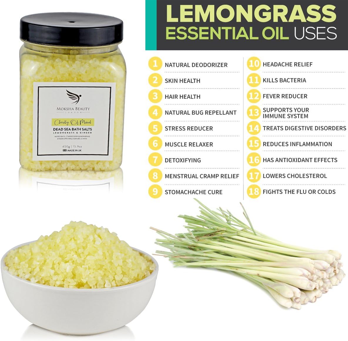 Dead Sea Bath Salts - Made in UK (450g) Natural Dead Sea Bath Salt for Women Men. Lemongrass Essential Oils Christmas Gifts - Image 3