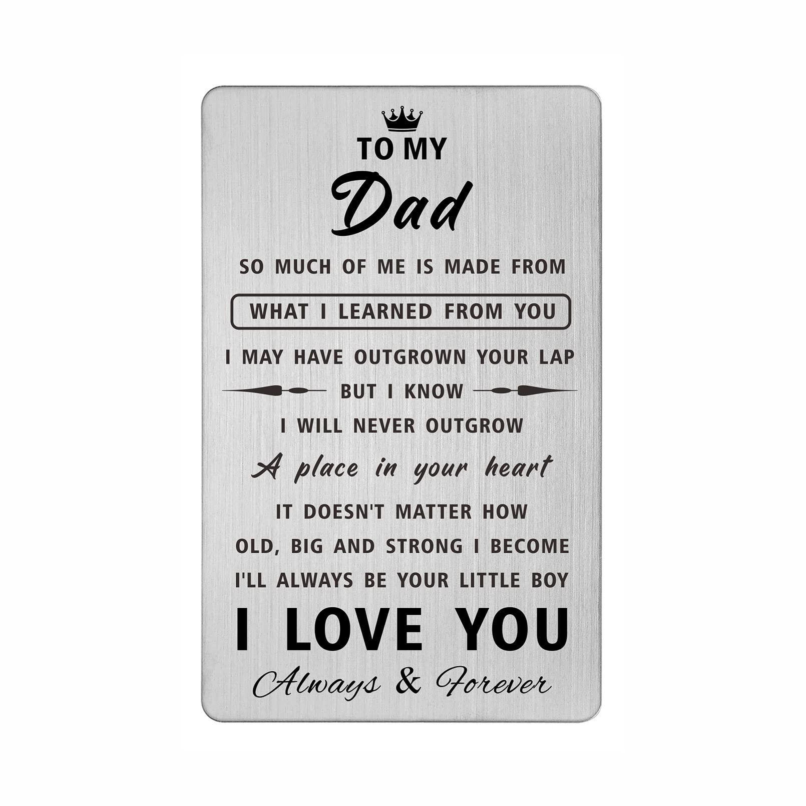 DEGASKEN Dad Christmas Card from Son, I Love You Gifts for Christmas Valentine Fathers Day for Dad from Son, Metal Engraved Wallet Insert Card