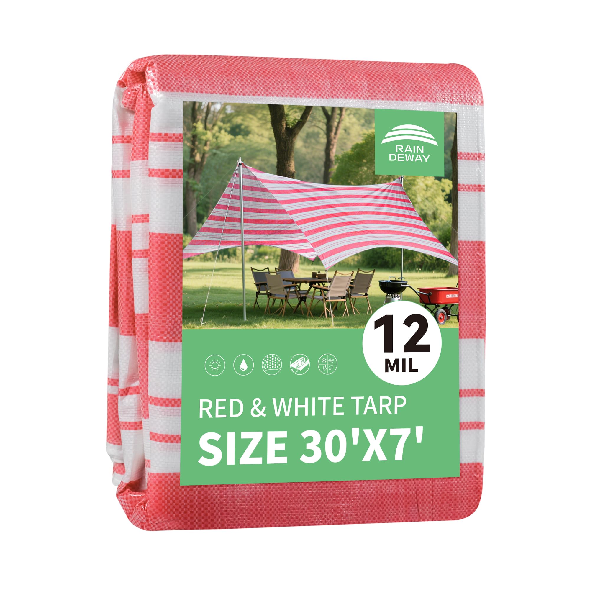 RAINDEWAY Tarps 7x30 Feet,12 Mil Sunshade Striped Tarp Waterproof,Multipurpose Poly Tarp Cover with Grommets and Reinforced Edges,Red/White Tarps Image