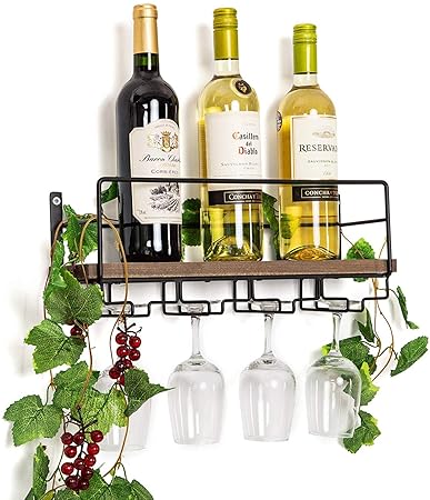 Furniture Hub Shop Wall Mounted Wooden Wine Rack 4 Wine Bottles and 4 Long Stem Glasses Holder Wine Cork Storage Rack | Home Kitchen D
