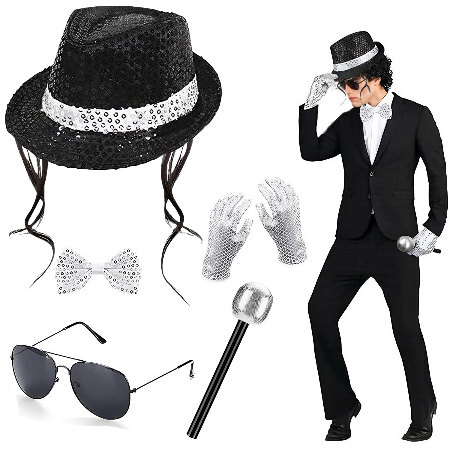 MJ Costume Accessories Adults Disco Costume Set 80s Dancer Rocker Star Cosplay Fancy Dress Accessories with Jazz Sequin Hat Glove Tie King of Pop Fancy Dress Set for 80 Theme Party Carnival Dance — image 1