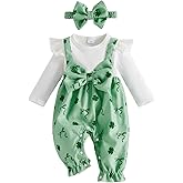 FIOMVA St Patricks Day Outfit Newborn Baby Girl Clothes Clover Bow Onesie Ruffle Long Sleeve Jumpsuit Infant Cute Romper