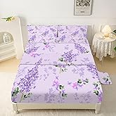 FUYEUN Floral Sheets Sets Queen Size 4 Pcs Flower Fitted Sheets Bedding for Women Girls Purple Lilac Modern Bed Sheets with 1 Flat & 2 Pillowcases