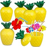Pineapple Drink Cups - 6 Pack with 12 Flower Straws - Aloha Tropical Beach Jungle Moana Themed Birthday Party Fun Drink Decoration - Food-Grade PP Plastic