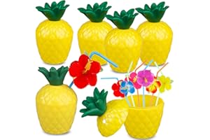 6-Pack Pineapple Cups for Hawaiian Luau Party with 12 Flower Straws Pineapple Drink Cups Lids Food-Grade PP Plastic Aloha Tro