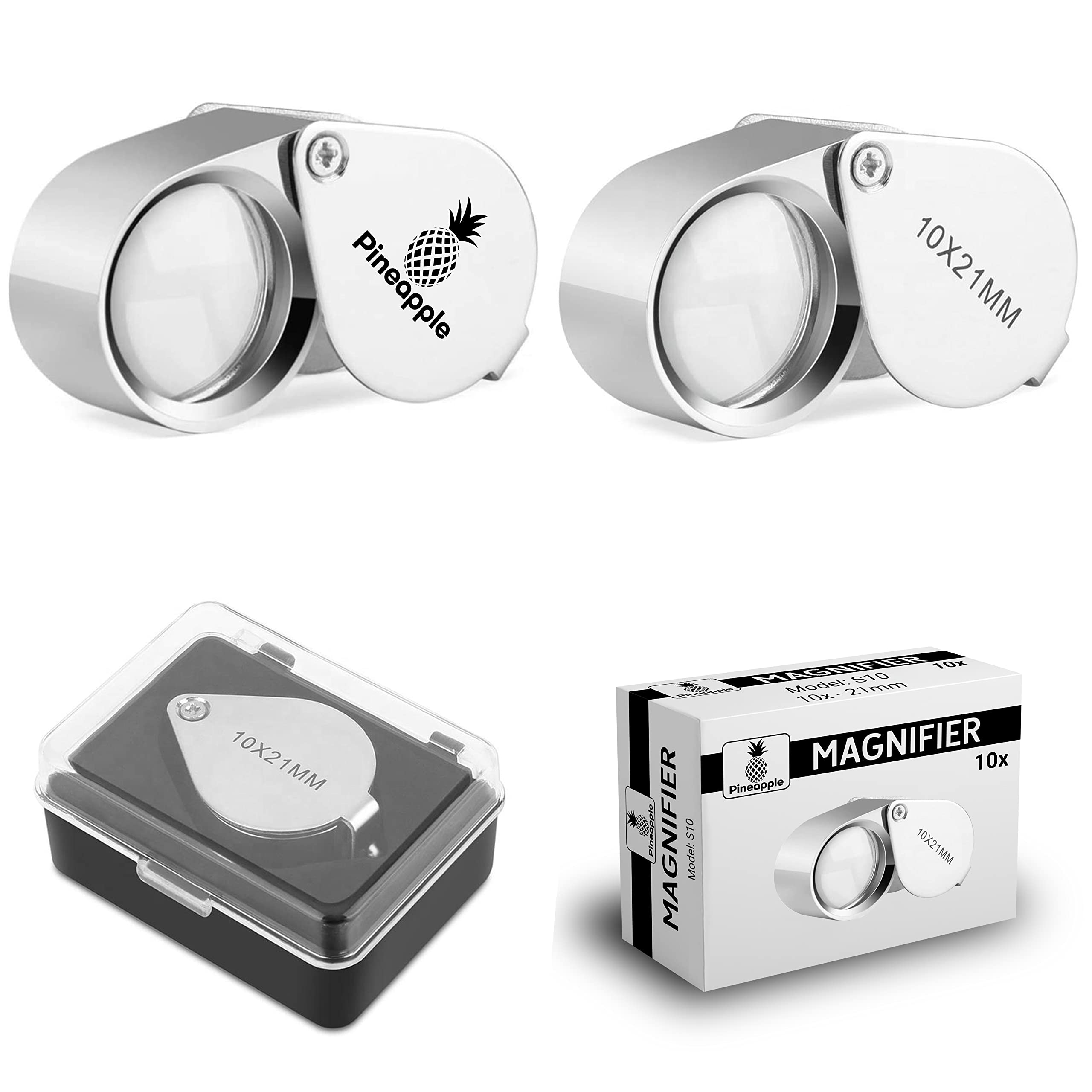 Pineapple [2 Pack] 10X Jewelers Loupe Magnifier Pocket Magnifying Glass Small Jewelry Eye Loop for Coins, Diamonds, Gems, Plants