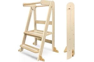 Foldable Toddler Learning Tower, Wooden Standing Tower with Safety Handles, Non-Slip Design&3 Adjustable Heights, Kids Kitche