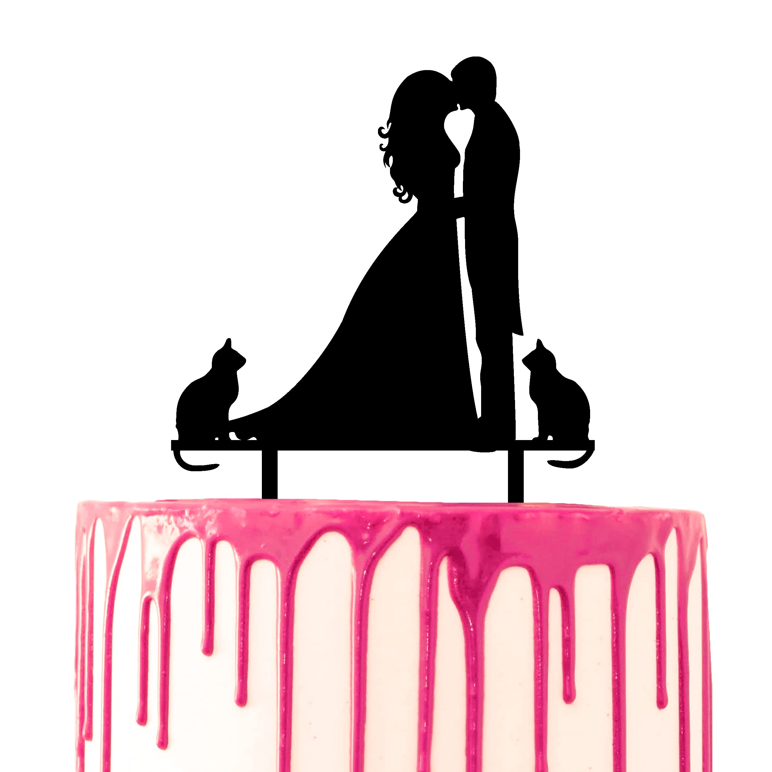 CARISPIBET wedding cake topper bride & groom kissing with two cats by their side acrylic silhouette
