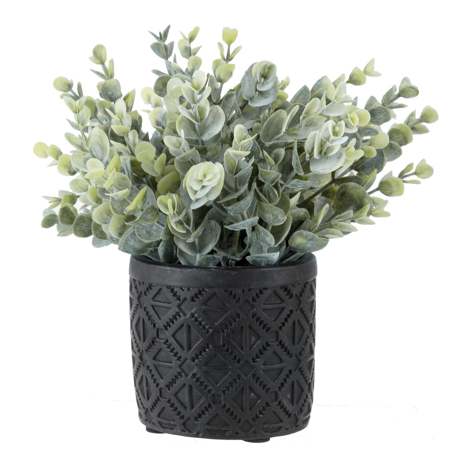 Photo 1 of MyGift Artificial Eucalyptus Plant in Modern Gray Concrete Pots with Geometric Embossed Pattern (1, Black)