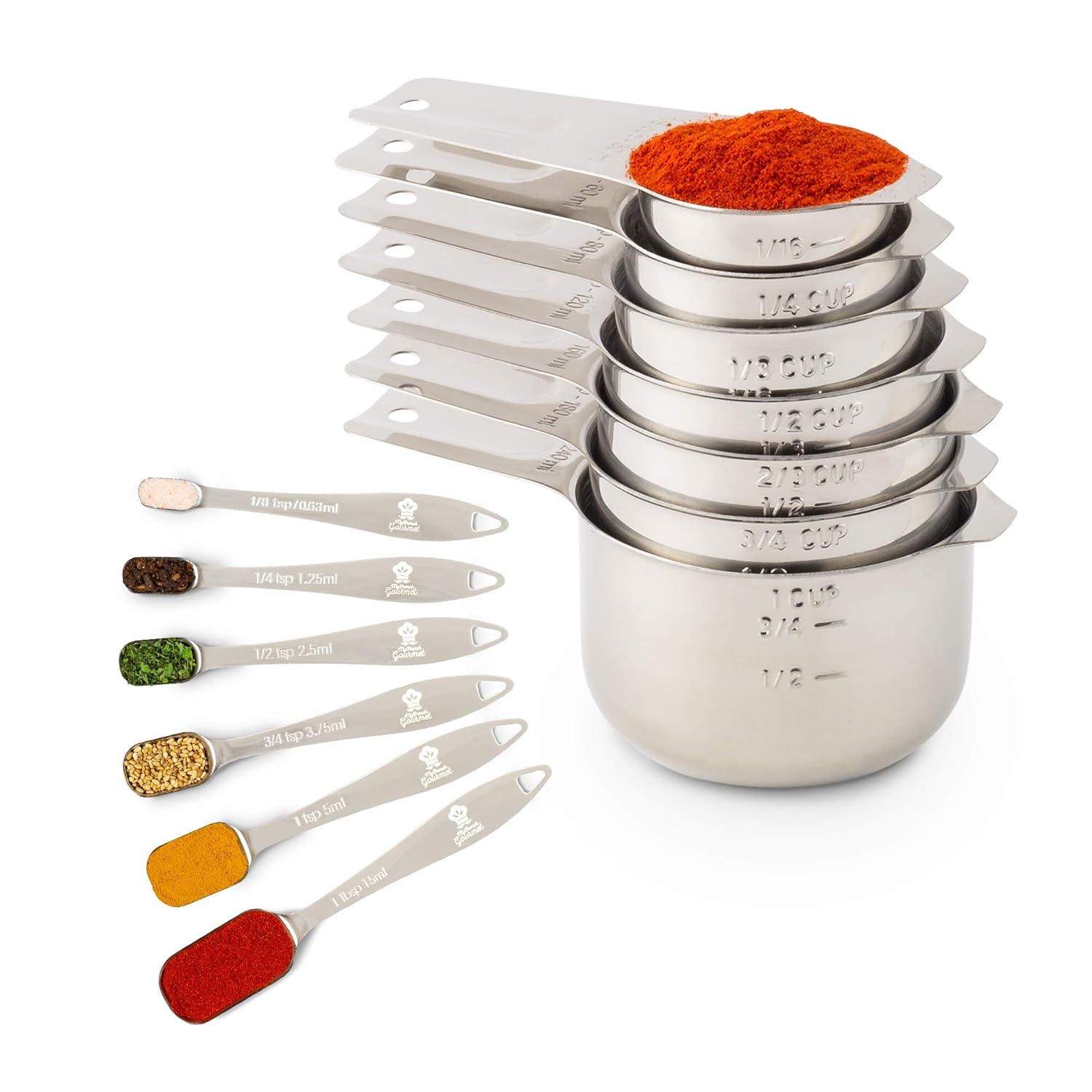 Stainless Steel Measuring Cups and Measuring Spoons Set of 13 by My French Gourmet - Size Mini to Large,Tablespoon,Teaspoon,Cup - Accurate Metal Measuring Cup and Spoon Set - Liquid or Dry Ingredients