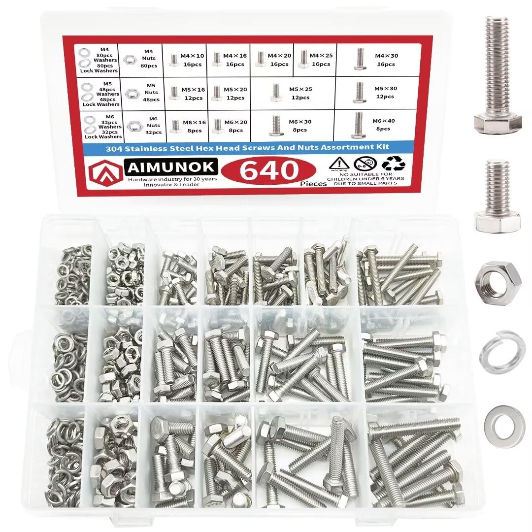 AIMUNOK 640pcs Hex Bolt & Nut Kit (13 Sizes,M4-M6) - A2-70 Stainless Steel Fastener Set with Flat/Lock Washers for Home DIY & Repairs