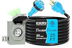 KIKIRV 25 Feet 30 Amp Generator Cord and Power Inlet Box, Pre-Drilled NEMA L14-30P to L14-30R Generator Cord Waterproof Combo Kit, ETL Listed