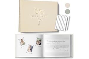 BVSSX Wedding Guest Book with 108 Photo Corners Stickers and Table Sign - Linen Photo Guestbook to Sign at Bridal/Baby Shower or Wedding Reception Party - 100 Pages - Half Blank and Lined Thick Paper, Beige