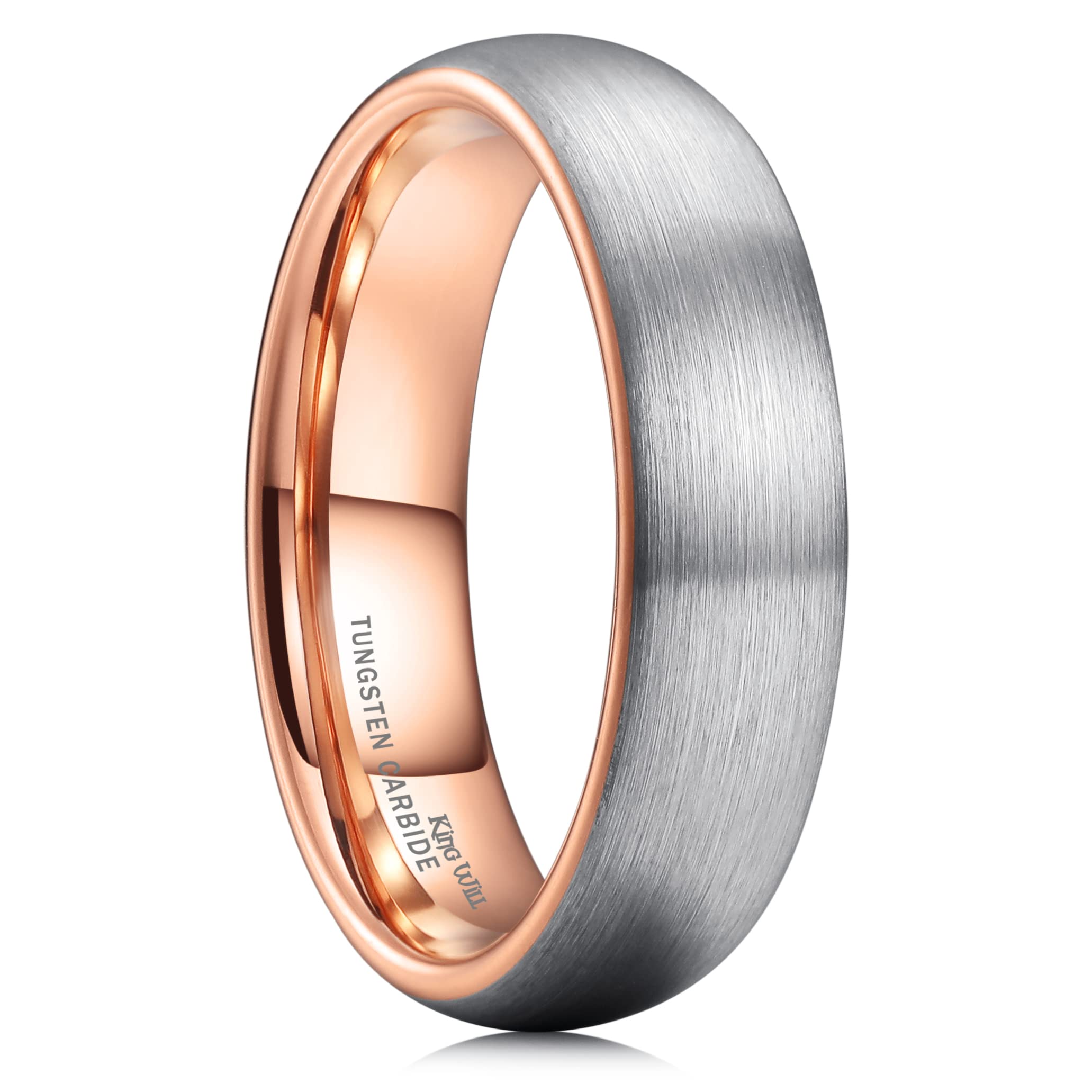 King Will DUO Unisex 6mm Classic Rose Gold Plated Domed Tungsten Carbide Wedding Band Ring Comfort Fit 7