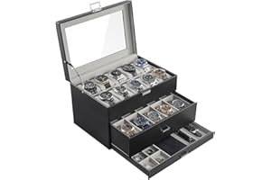 ProCase 20 Slot Watch Box for Men, 3-Layer Watch Display Case with Glass Lid, Watch Holder with Drawer, Jewelry Storage Organizer for Watches Straps Rings -Black