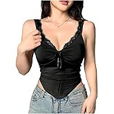 WDIRARA Women's Lace Trim V Neck Cami Top Ruched Sleeveless Asymmetrical Camisole Tops