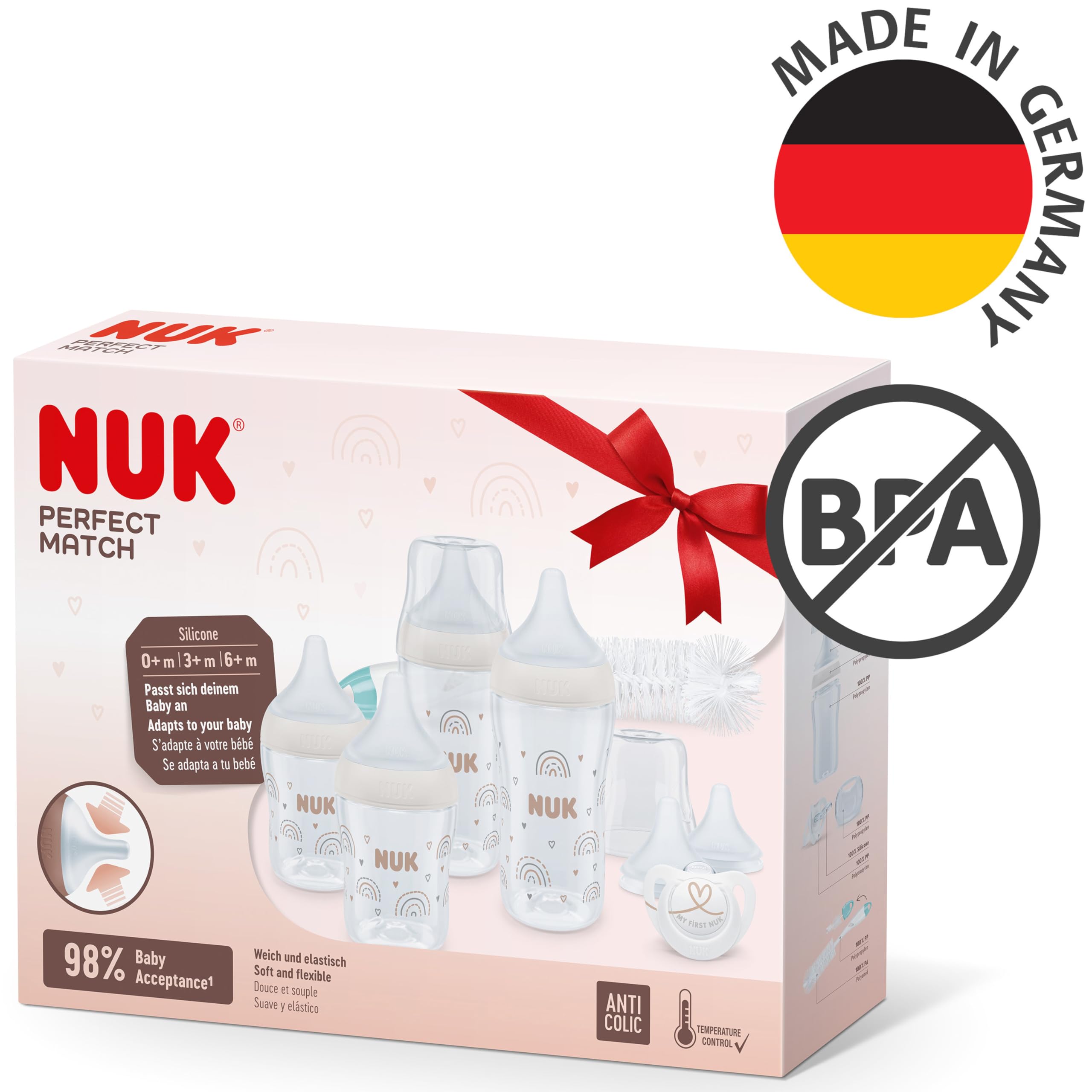 NUK Perfect Match Perfect Start Babyflaschenset | Ab 0 Monate | Passt sich dem Baby an | 4 Anti-Kolik-Babyflaschen, Schnuller, Flaschenbürste und mehr | BPA-frei | 9 Stück 6