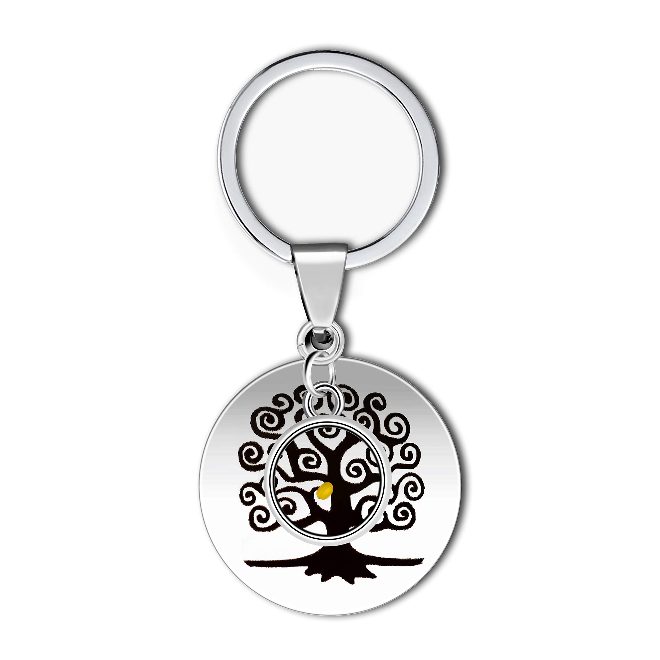 Stainless Steel Family Tree of Life Keychain with Real Mustard Seed Round Pendant Gifts for Families Mom ZY015