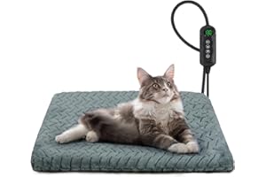 GASUR Heated Cat Bed, Waterproof Cat Heating Pad with Timer Temperature Adjustable, Indoor Heated Electric Pet Bed for Cats Dogs, Auto Power-Off, Anti-bite Pet Heated Pad, 18''x16'', Small
