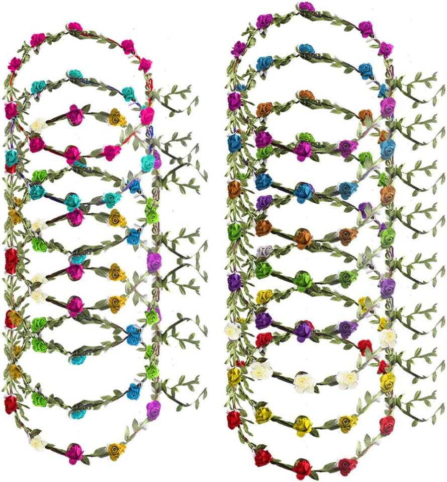 MHMJON Flower Crown Headband Floral Wreath Garland Adjustable Sillk Green Leaves Ribbon Women Grils Kids Hair Accessories Wedding BoHo Party Photography Props 15pcs Assorted Colored