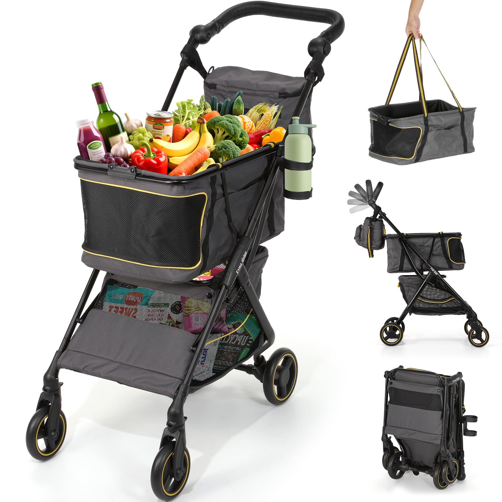 Photo 1 of Dyna-Living Personal Folding Shopping Cart 70lbs Load-Capacity Foldable Shopping Carts for Groceries, Adjustable Handle, Ultra Lightweight Aluminum Frame Collapsible Shopping Stroller, 2-Tier