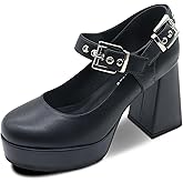 MUBUPUXU Women's Closed Toe Chunky Platform Block Heels Ankle Strap Goth Mary Janes Shoes