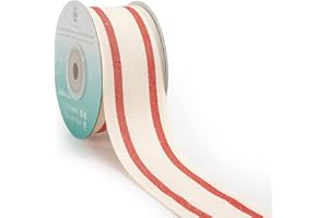 CT CRAFT LLC Natural Cotton Ribbon with Stripe 1-1/2 inch (38mm) x 10 Yards. Christmas Natural Ribbon Decorative for DIY Crafts and Gift Wrapping - Ivory/Red