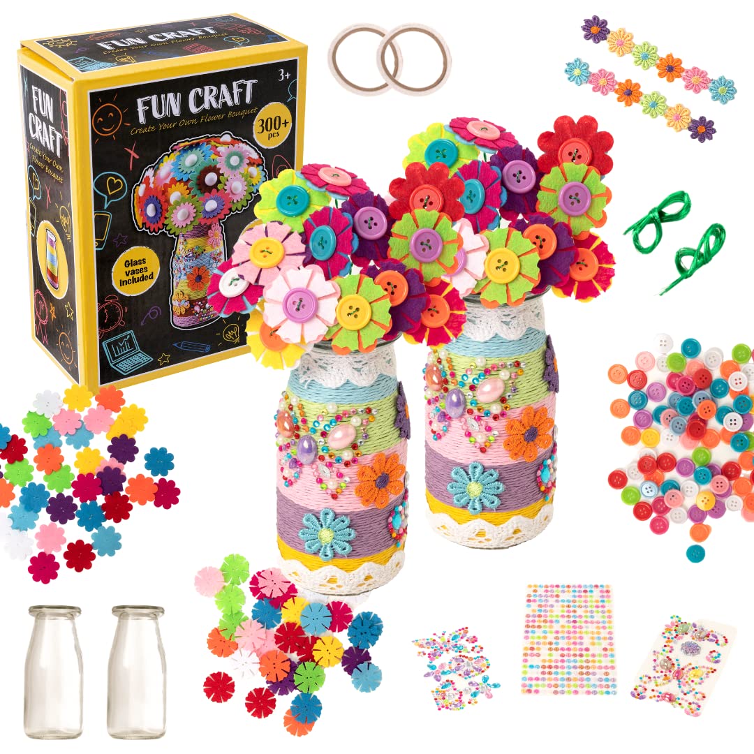 HTI DIY Flower Bouquet Craft Kit for Kids Ages 3+ | 300+ Piece Make Your Own Felt Flower & Button Vase Set | Fun Arts & Crafts Activity for Girls & Boys | Creative Gift Idea