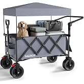 3 in 1 Collapsible Wagon with 300lbs Weight Capacity,150L Heavy Duty Utility Cart with Removable Canopy,with Big All-Terrain Beach Wheels &amp; Drink Holders,Gray