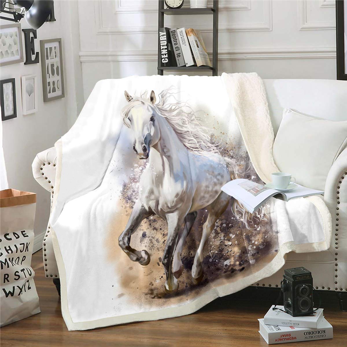 Homemissing 3d Horse Sherpa Fleece Throw Blanket - White Galloping Horses, Kids Boys Cool Wild Animal Plush Blanket - Double, 60x79 Inch — image 1