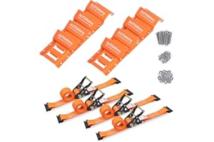 AUTOAlkins Wheel Chock Tie Down Kit, Trailer Tie Down Strap Kit, Heavy Duty Trailer Tie Down System for UTV, ATV, Mower, etc, Wheel Chock & Tie-Down Accessories, 4-Tire Kit (Orange)